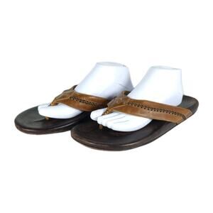 Olukai Men's Mea Ola US12 Brown Leather Embroidered Slip On Flat Thong Sandals